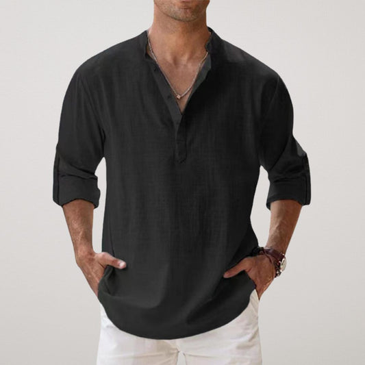 FIORA | Cotton Henley Shirt with Linen Look